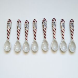 8 Williams Sonoma Ceramic Snowman Christmas Spoons - Red Striped Holiday EUC